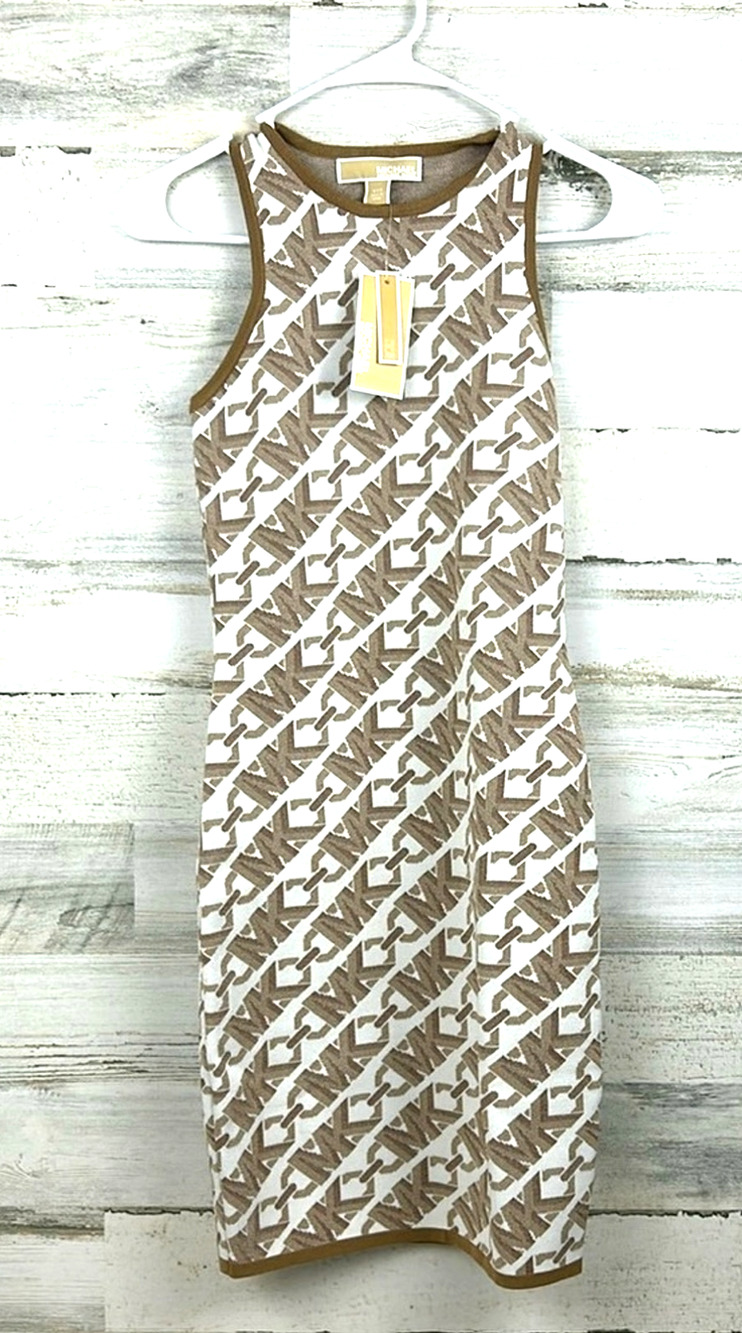 Michael Kors Womens XXS Tan Empire Logo Jacquard Bodycon Tank Mini Dress NWT
